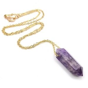 Amethyst Stone Crystal Point Necklace Gold Tone Chain Double Terminated Gemstone